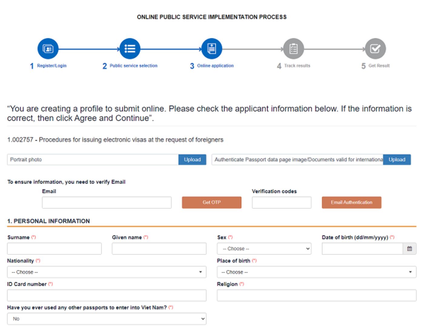 A screenshot of Vietnam's electronic visa application form. Credit: @VNExpress